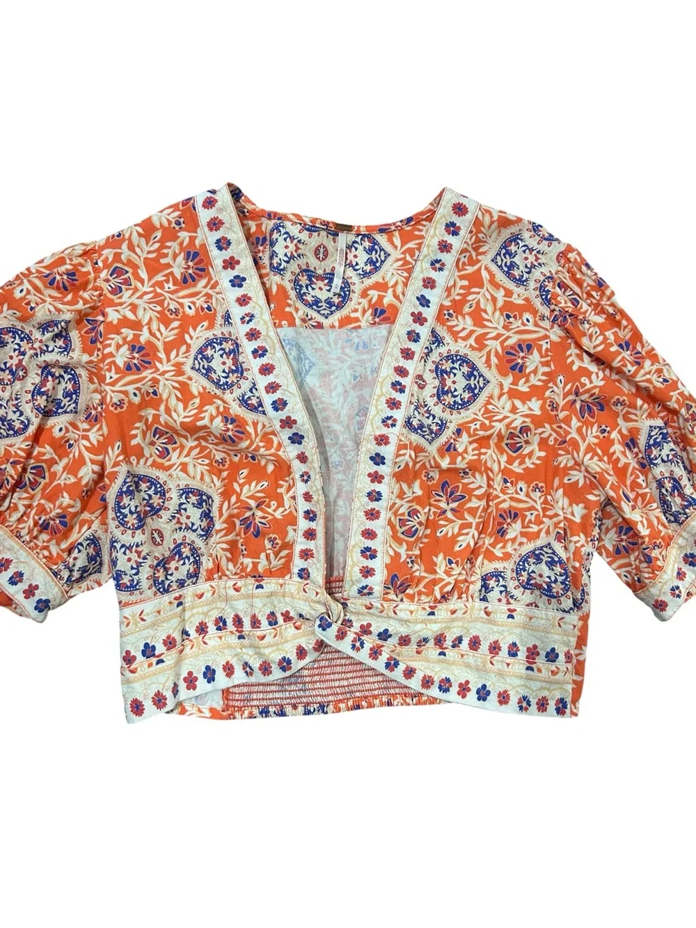 Free People Orange Boho Wrap Crop Top Paisley Floral Smocked Back Large